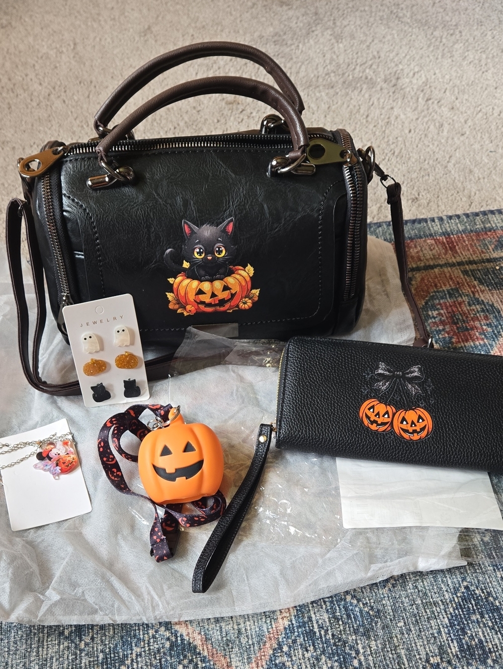 Black Halloween Cat Pumpkin Satchel Bag - Women Bundle Set